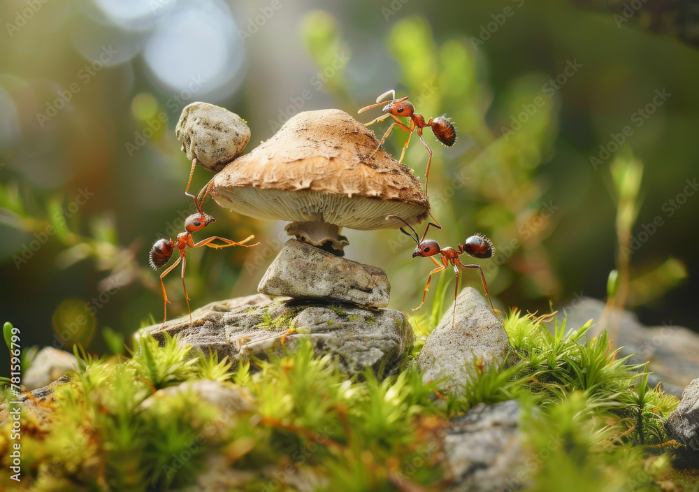 Red forest ants are carrying mushroom