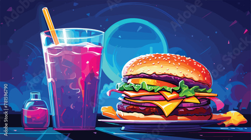 Neon hamburger and beverage in the cup fast food 2d