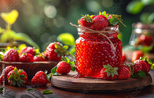 Strawberry jam in glass jar and fresh berries on wooden table