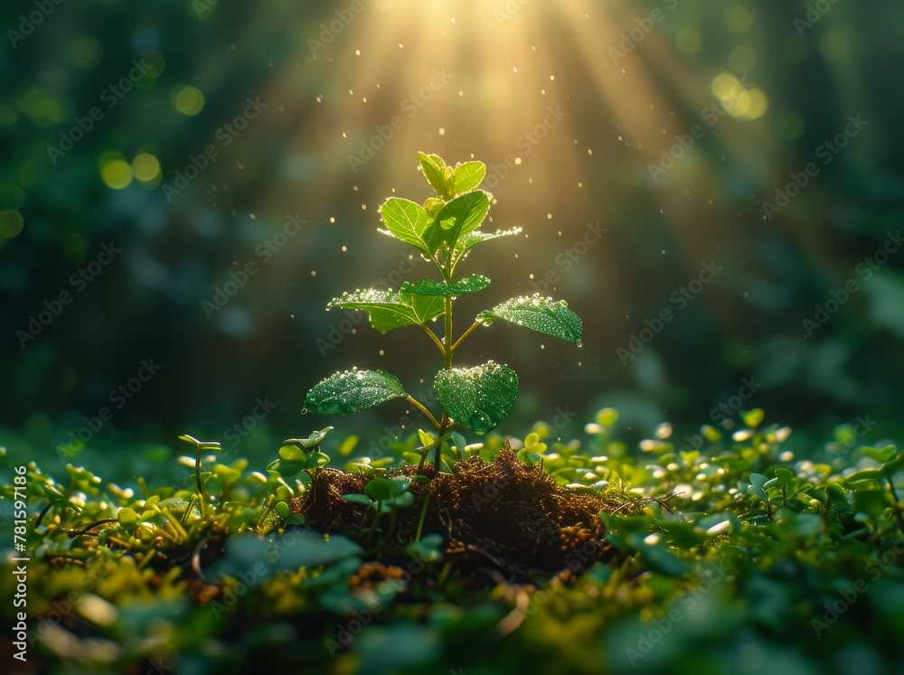 Fototapeta premium Young plant in the morning light on nature background