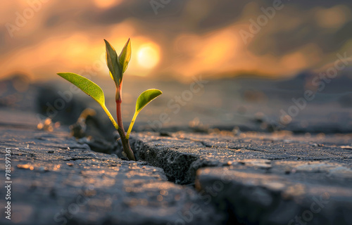 Small plant grows from crack in the asphalt against the setting sun