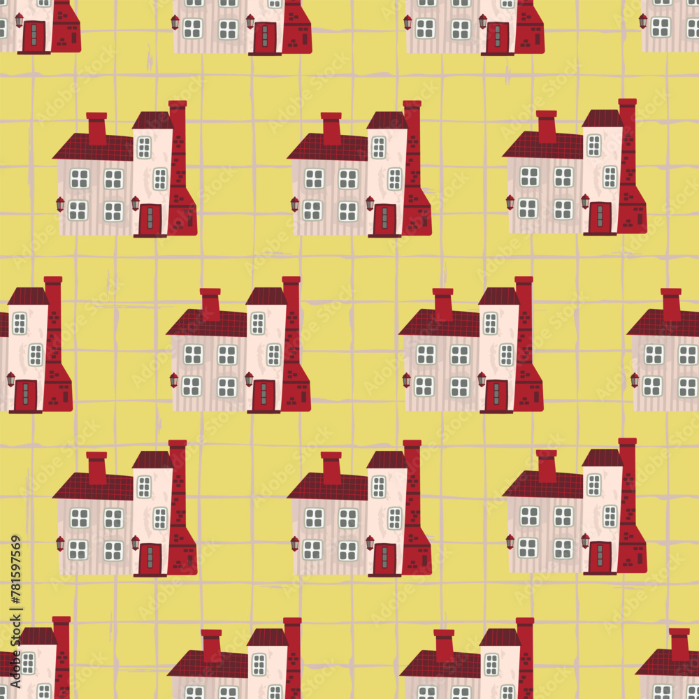 Hand drawn seamless pattern with stylized houses.Endless rough grid background.Building with chimney, lanterns, windows and doors.Vector cartoon design for printing on fabric and paper,cover,wallpaper