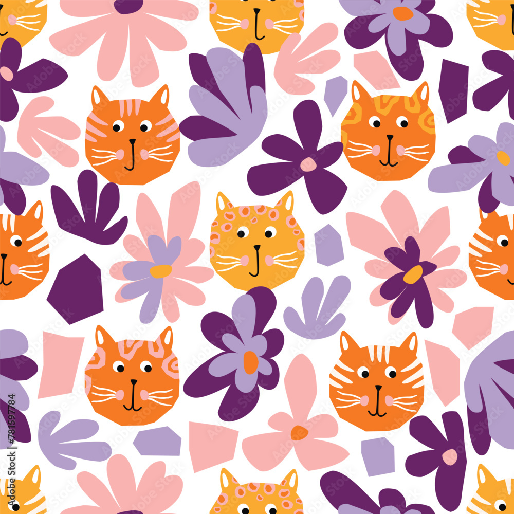 Funny seamless pattern with red cats and pink lilac flowers.Hand drawn background with stylized animals heads and  plants.Cute vector design for printing on fabric and paper.Nursery wall decor,cover.