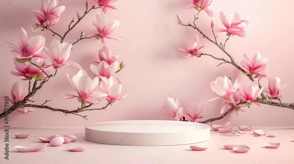 Spring minimal design pink product display podium on magnolia blossom pastel pink background, trendy modern graceful display scene for cosmetic, feminine product showcase. Spring minimal design pink product display podium on magnolia blossom pastel pink background, trendy modern graceful display scene for cosmetic, feminine product showcase.