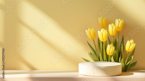 Yellow product display podium on tender fresh yellow backgrounds with spring blossom yellow tulip flowers bouquet, 3D display podium for beauty, cosmetic product presentation. Summer and spring mockup