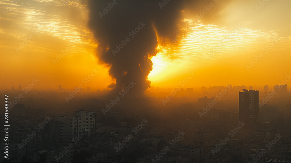 Intense explosion in the evening, an urban environment, signifying an airstrike.
