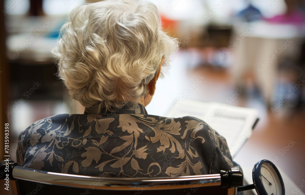 Woman sits in wheelchair and reads book. Woman sits in wheelchair and reads book.