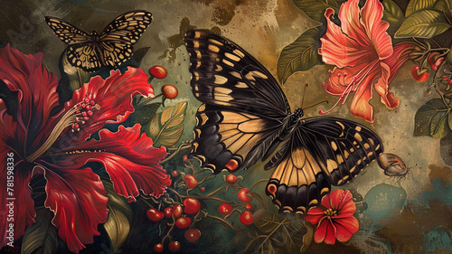 Composition featuring a butterfly and a radiant red flower, symbolizing the timeless dance between pollinators and the plant kingdom.