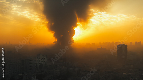 Intense explosion in the evening, an urban environment, signifying an airstrike.