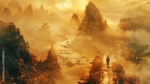 A serene digital artwork of a traditional Chinese landscape, illuminated by a warm golden light with a solitary figure standing on a pathway. photo