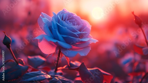 A solitary blue rose blooms vibrantly against a dramatic orange sunset, invoking a sense of fantasy and romanticism balanced with a touch of the surreal photo