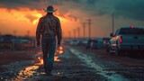 A Texas cowboy in a shiny red jacket walks past vintage cars under a rainy, illuminated cityscape. The mood is nostalgic yet vibrant, capturing a unique blend of urban and western lifestyle.