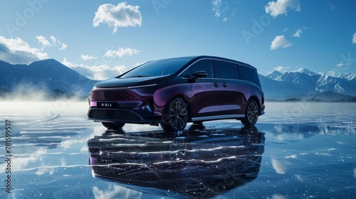 A stylish dark purple electric MPV parked on a reflective icy surface, surrounded by chunks of ice under a clear sky. photo