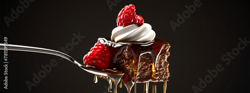 Artistic Cube Tiramisu with Whipped Cream and Raspberry

