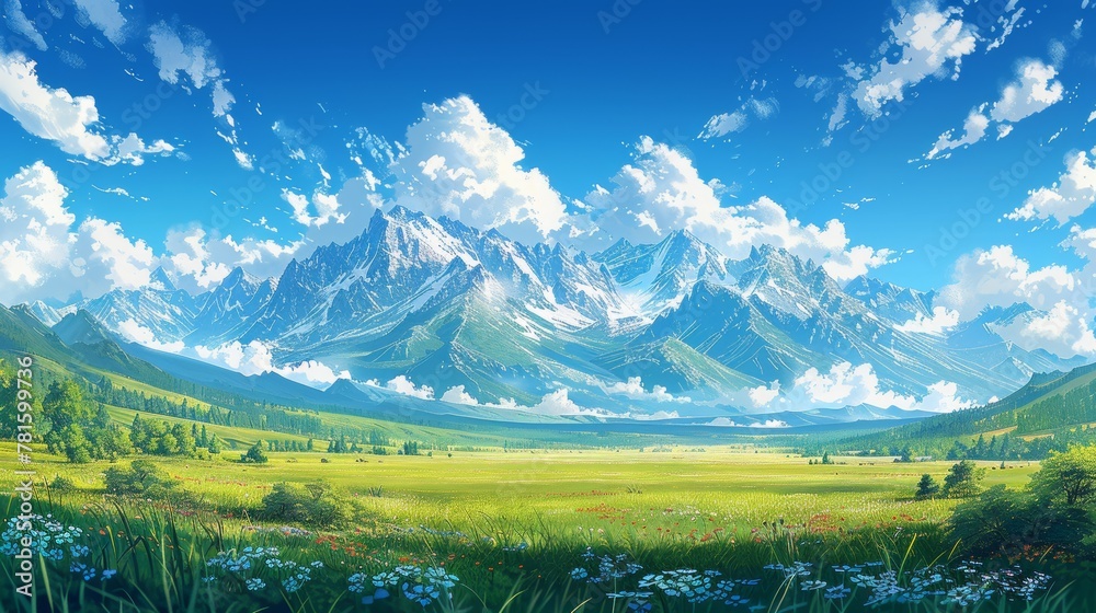 A tranquil landscape with towering mountains, lush green prairie, and a vibrant blue sky with unique cloud formations.