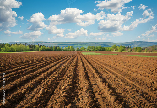 Furrows. Agricultural field on which grow up potatoes