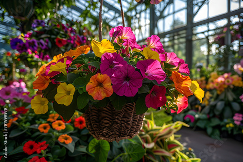 Colorful petunia flower hanging in pot. Growing spring flowers in large glass greenhouses. Colorful geraniums ready for sale and business. Florist work, farm, local market