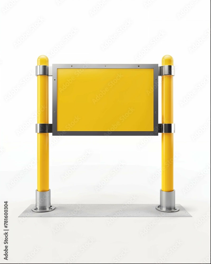 Obraz premium A yellow metal safety railing with three columns and one display board on a white background, with a simple style and 3D rendering effect shown from the front view. The rectangular steel frame 
