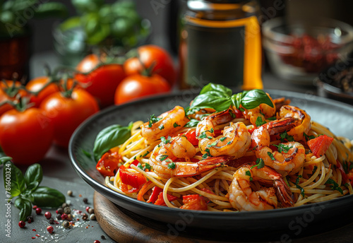 Delicious italian pasta or noodles with shrimps and tomato sauce on plate on dark background