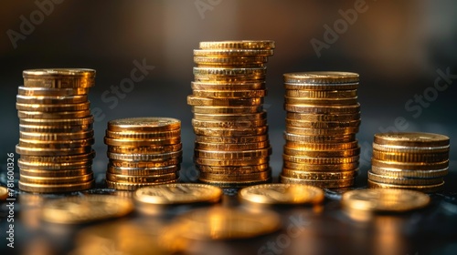 A vivid image showing multiple stacks of golden coins with varying heights, symbolizing investment growth and financial planning against a dark, blurred background.