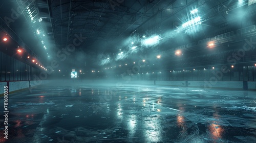 A wide-angle view of an empty ice hockey arena, beautifully illuminated with dramatic overhead lighting and atmospheric smoke, conveying an intense and competitive environment. photo