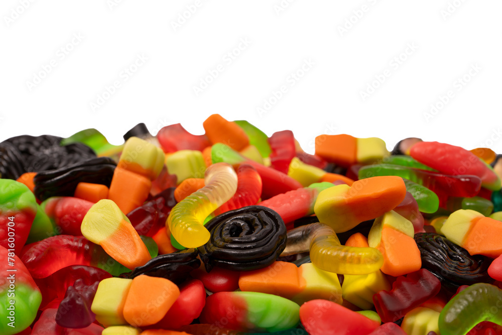 Assorted colorful gummy candies isolated on a white background. Top view.