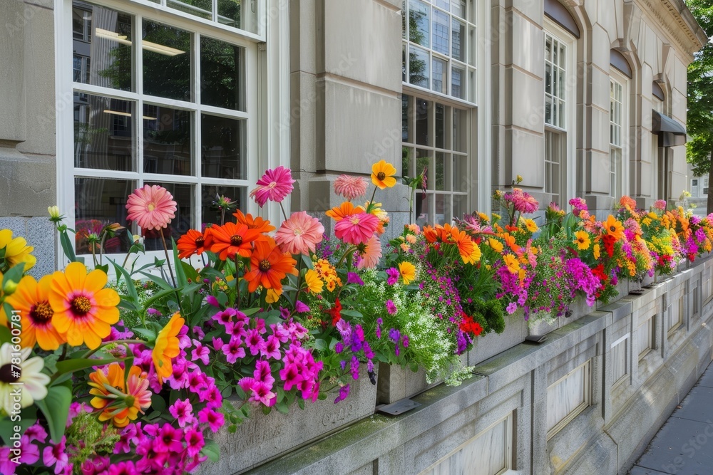 Urban Blossoms: A Government Building's Windows Bursting with Springtime Flowers