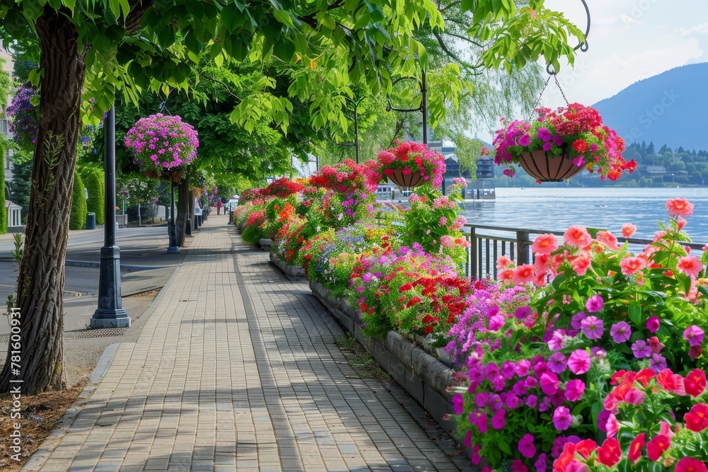 Spring's Splendor Unveiled: The Waterfront Park's Promenade Decorated with Colorful Hanging Flower Baskets Spring's Splendor Unveiled: The Waterfront Park's Promenade Decorated with Colorful Hanging Flower Baskets