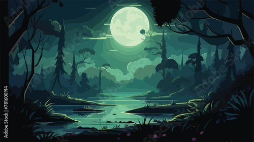 Night jungle forest swamp with firefly background.