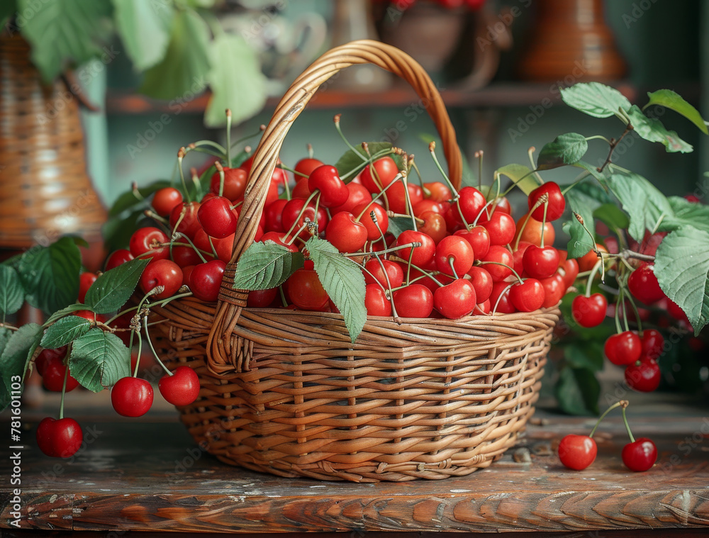 Basket with ripe red cherries on wooden table Basket with ripe red cherries on wooden table
