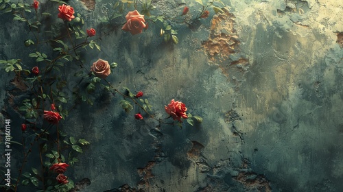 An evocative image showcasing wilted red roses intertwined with vines on a textured, crumbling blue wall, symbolizing beauty in decay.