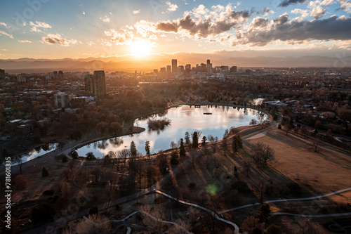 Downtown Denver Skyline and City Park Lake at Sunset Aerial Photo HDR