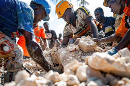 A group of men wearing helmets are adapting to the geological phenomenon as they work on a pile of rocks in the landscape. They share the event as a recreational activity while traveling photo