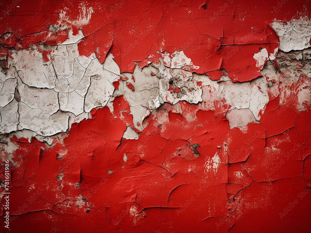 Texture of red wall highlights peeling paint and cracks