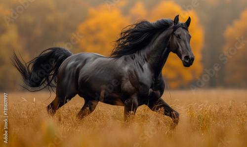 Black Friesian horse runs gallop on the trees background in autumn