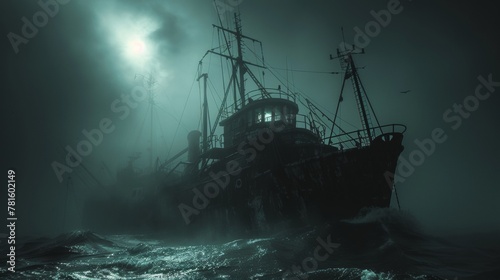Eerie image of a trawler ship emerging from dense fog at night, illuminated under a stormy sky, depicting a sense of mystery and horror. photo
