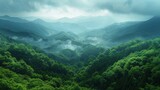 Photorealistic landscape shot showcasing mist-covered mountains amidst a lush tropical rainforest, conveying a sense of awe and serenity.