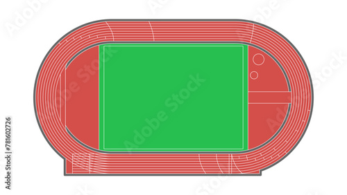 Athletics stadium with running tracks and green field. Top view on sport or athletic arena.