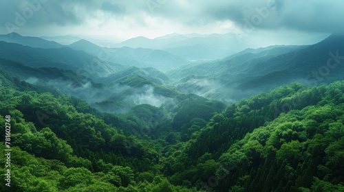 Photorealistic landscape shot showcasing mist-covered mountains amidst a lush tropical rainforest, conveying a sense of awe and serenity.