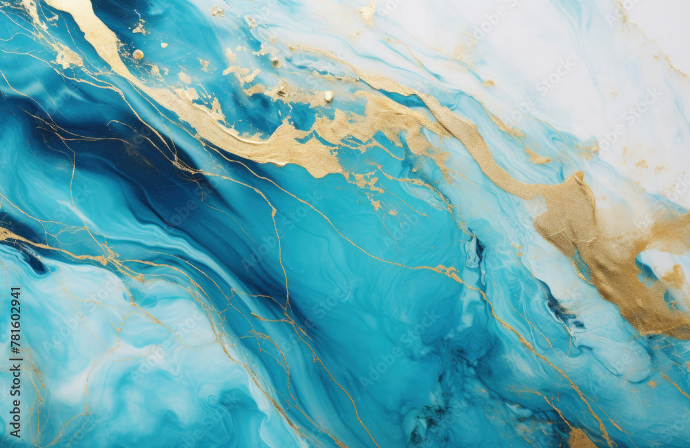 abstract marble oil acrylic paint background illustration art wallpaper blue gold color with moving waves liquid fluid marbled texture 