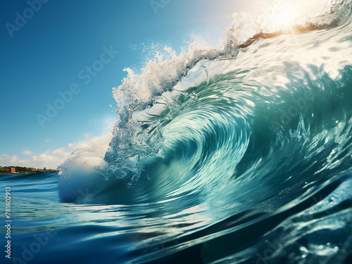Sunlight illuminates sea foam atop waves, creating a picturesque scene