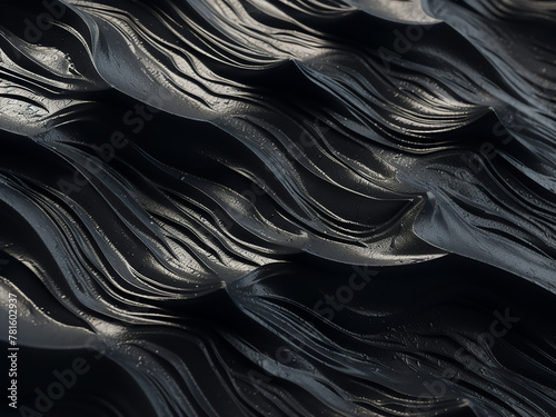 3D illustration showcases a glossy black stone's wavy surface