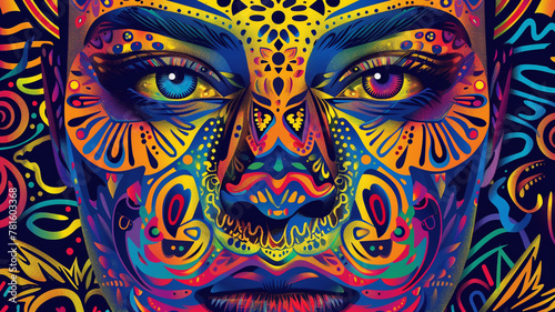 Vibrant vector face with intricate patterns and vivid colors, celebrating diversity and cultural richness.