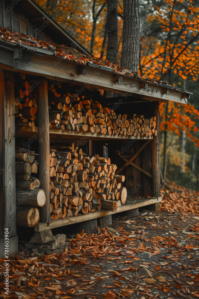 Firewood stacked in shed in the fall Firewood stacked in shed in the fall