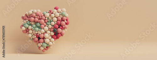Multicolored Balloon Love Heart. Pink, White and Green Balloons arranged in a heart shape. 3D Render with copy-space. 