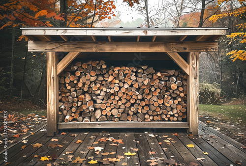 Wood shed is filled with firewood in the fall. photo