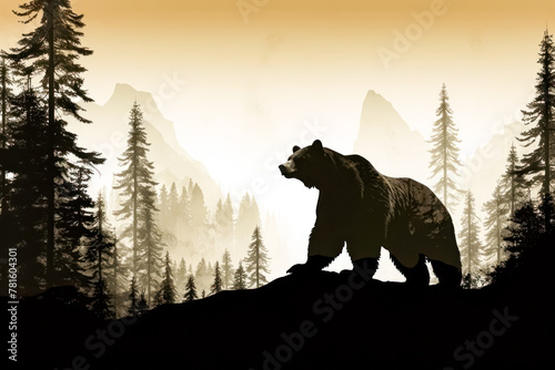 A bear stands on a rock in a forest. The bear is brown and he is looking to the right. The forest is filled with trees and the sky is cloudy