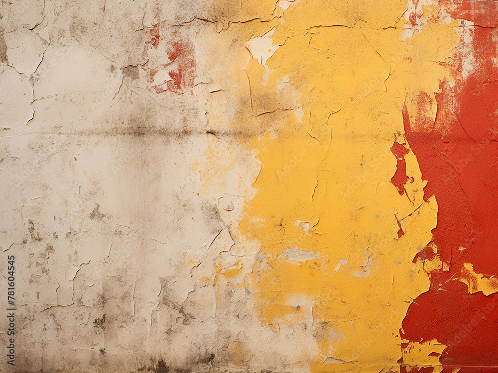 Messy stucco texture in yellow, brown, and red decorates the background