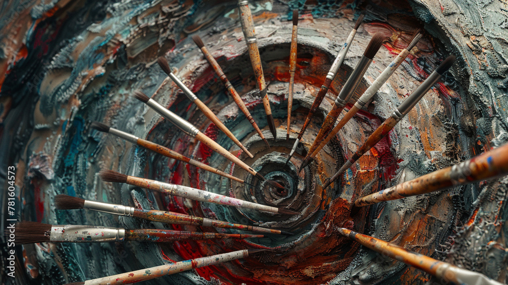 Composition featuring paintbrushes of different sizes and textures arranged in a spiral, symbolizing artistic progression.