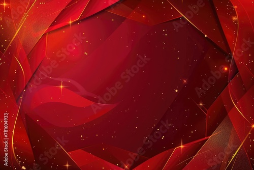 Luxury abstract red background with golden lines and sparkle geometric shapes.